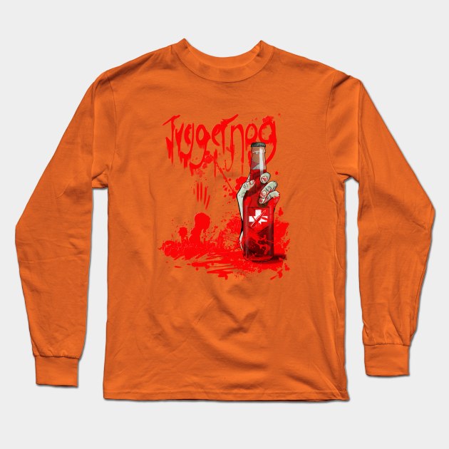 Zombie Hand Bloodied Juggernog on Orange Long Sleeve T-Shirt by LANStudios